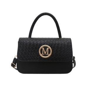 Sac bandoulière noir tissé élégant avec logo M doré et poignée supérieure ronde