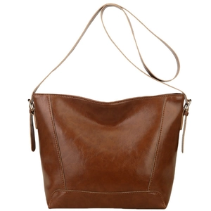 Brown oil wax leather bucket tote bag with adjustable strap and vintage trapezoid shape