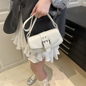 Retro white leather underarm saddle bag with adjustable strap and silver square buckle