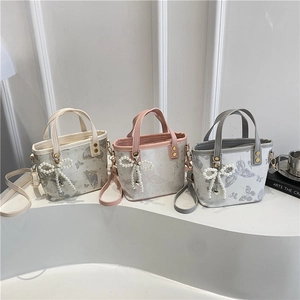 Borsa a Secchiello da Donna con Stampa a Farfalla e Ciondolo a Fiocco di Künstliche Perle in Pelle PU Ricamata a Spalla Tracolla