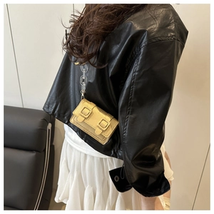 Close-up of golden woven mini bag with clear chain strap over white pleated skirt