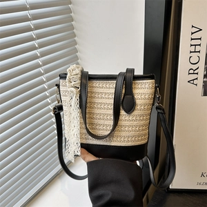 Women Straw Woven Bucket Bag Lace Bow Ribbon PU Leather Trim Crossbody Handbag Summer Beach Vacation Shoulder Bag