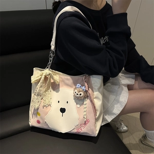 Süße Tragetasche mit Zeichentrick-Hund-Patchwork Spitzenbogen Einzel Schulter Handtasche Mit Plüsch-Anhänger PU-Leder Damen Handtasche