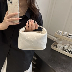 Fashionable white snakeskin embossed large shoulder bag with elegant gold hardware