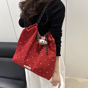 Women Sweet Floral Canvas Tote Bag Casual Large Capacity Shoulder Bag With Cord Strap Student Lazy Style Handbag