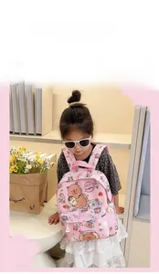 Pink cartoon bear backpack for students featuring large capacity and side mesh pockets