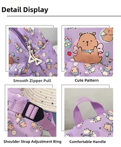 Detailed view of purple backpack with cartoon bear prints and adjustable straps