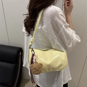 Trendy Women PU Leather Pillow Shoulder Bag With Bear Pendant Casual Solid Color Crossbody Handbag For Daily Commuting