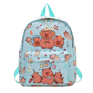 Light blue canvas backpack with cute capybara and strawberry prints for school students