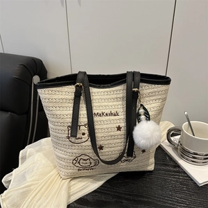 Sac Fourre-tout Tissé de Grande Capacité pour Femmes Broderie Chat de Dessin Animé Sac à Épaule en Paille Avec Pompon