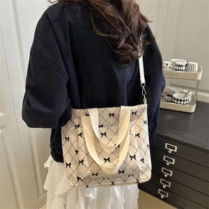 Sac Fourre-tout en Velours Côtelé pour Femmes Grande Capacité Motif Losanges et Nœud Bandoulière Décontractée Style Coréen