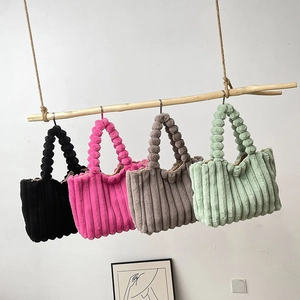 Women Faux Fur Plush Tote Bag Ribbed Vertical Stripe Handbag With Bubble Ball Handle Soft Large Capacity Shoulder Bag