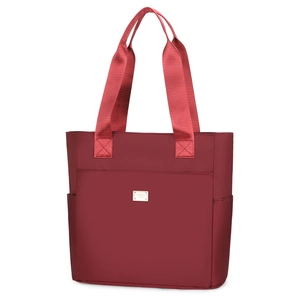 Large capacity dark red nylon tote bag with front pocket and dual handles for daily commute