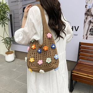 Borsa a Spalla Intrecciata a Mano Traforata Fiori 3D Borsa Tote in Maglia Boho per Donna Borsa Casual Vacanza