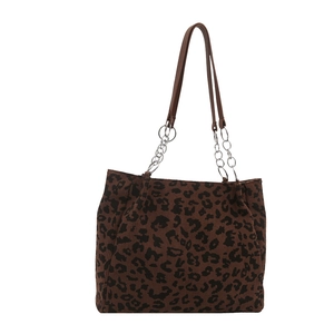 Sac cabas chic en velours léopard avec bandoulières en cuir marron et chaîne métallique