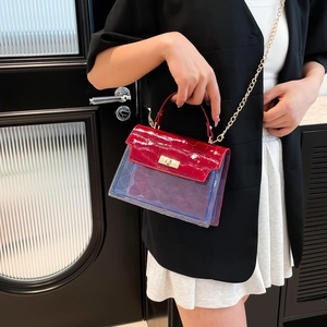 Burgundy faux crocodile leather and blue transparent PVC jelly chain crossbody bag