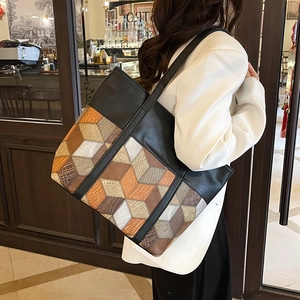 Damen Große Kapazität Tragetasche PU Leder Patchwork Geometrisch Tweed Schultertasche Für Tägliche Pendeln Casual Street Fashion
