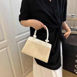 Women Woven PU Patchwork Handbag Fashion Letter Print Crossbody Bag Vintage Summer Beach Travel Shoulder Bag For Lady