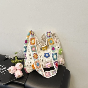 Sac Fourre-tout En Tricot Crocheté Pour Femmes Sac À Épaule En Fil De Coton Tissé À La Main Décor Floral Évidé Plage Été Bohème