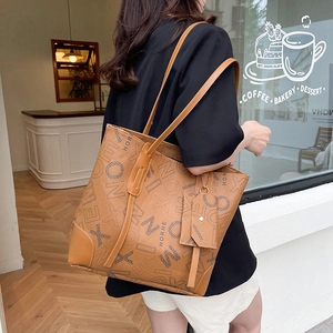 Women Fashion Monogram Letter Print Tote Bag Large Capacity PU Leather Shoulder Bag Handbag And Pouch For Daily Commuting