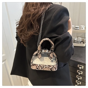 Detail of snake pattern mini dome bag with transparent window and chain strap