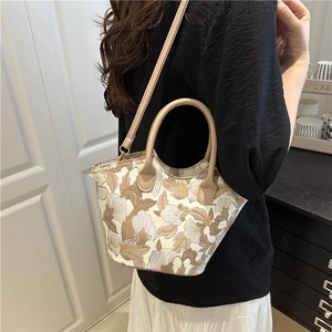 Sac fourre-tout à fleurs beige avec poignées en cuir marron pour femmes chics