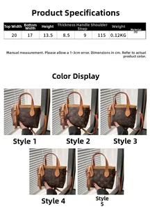 Detailed dimension guide showing mini bucket tote bag sizes and vintage monogram patterns