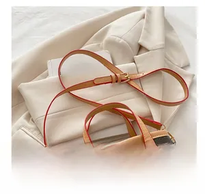 Detail of adjustable shoulder strap with red edge paint and gold buckle on brown tote bag