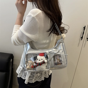 Silberne Ita-Bag Umhängetasche mit Sichtfenster, Plüschhund und dekorativer Schleife