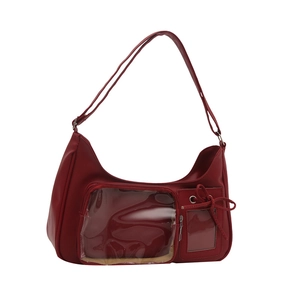 Red PU leather shoulder bag featuring a large clear PVC window and side bow accents