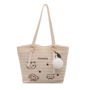 Grand sac cabas tressé beige avec broderie chat et pendentif peluche pour l'été 2025