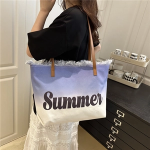 Women Fashion Retro Summer Gradient Canvas Tote Bag Large Capacity Casual Beach Travel Shoulder Bag With Frayed Edges Letter Print
