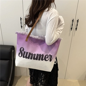 Retro canvas tote bag with purple gradient, Summer print, and leather straps in a front view