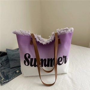 Damen Segeltuch Tote Bag Farbverlauf Ombre Sommer Buchstaben Druck Fransenkante Schulter Handtasche Für Urlaub Strand