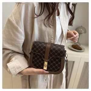 Detailed view of vintage monogram saddle bag with dark brown flap and gold clasp