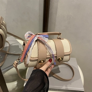 Sac Bandoulière Cylindre Femmes Simili Cuir Tissé Nœud Carreaux Dentelle Fermoir Métallique Élégant Style Coréen Sac À Main