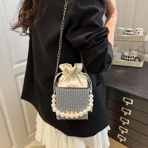 Vintage Geometric Pattern Bucket Bag With Artificial Pearl Handle PU Leather Drawstring Crossbody Shoulder Bag For Women Fashion