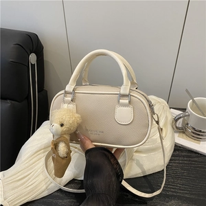 Women Mini Boston Shoulder Bag PU Leather Litchi Grain Casual Handbag Bear Pendant Daily Crossbody Bag Solid Color Bag