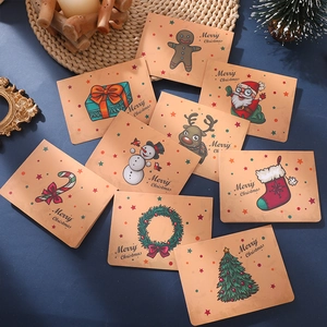 Vintage Retro Christmas Greeting Cards Set Kraft Paper Folded Cards With Santa Claus Elk Patterns For Holiday Blessings Gifts