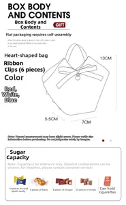 Detail view of heart-shaped gift box dimensions 13x7x5.5cm with ribbon and assembly parts