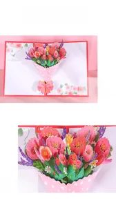 Detail of 3D pop-up tulip and lavender bouquet card with laser-cut handicraft art