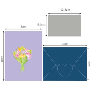 Detailed size guide for 3D tulip bouquet greeting card with heart envelope and insert