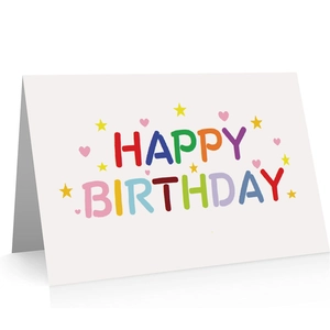 Minimalistische weiße Happy Birthday Grußkarte mit bunter Schrift und Sternen