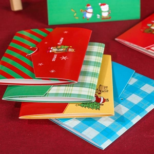 Cute cartoon Christmas greeting cards with envelopes featuring festive trees and deer