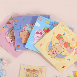 Cute 3D birthday cake greeting cards with adorable bears in pastel colors, pack of four