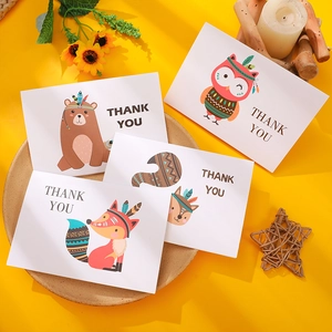 Cartoon animal thank you cards with owl and fox illustrations on a yellow background