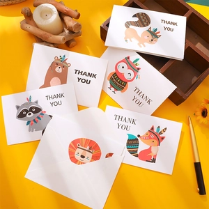 Cartoon animal thank you card set with envelopes featuring forest animals on yellow background
