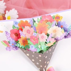 3D pop-up bouquet card with colorful daisies and lavender in a star pattern base