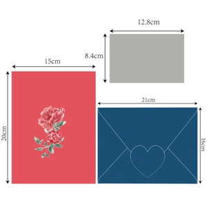3D carnation pop-up card set with red flowers, envelope and size dimensions guide