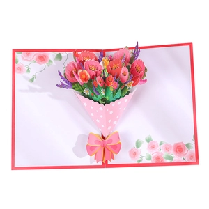 3D pop-up greeting card featuring a colorful flower bouquet with tulips and pink bow